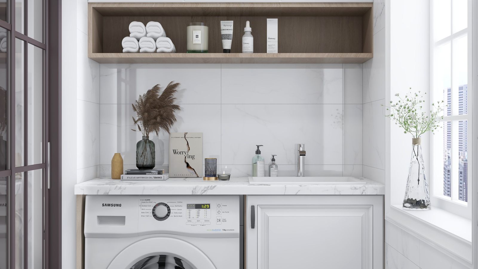 Meuble lave-linge intégré dans une buanderie moderne et lumineuse