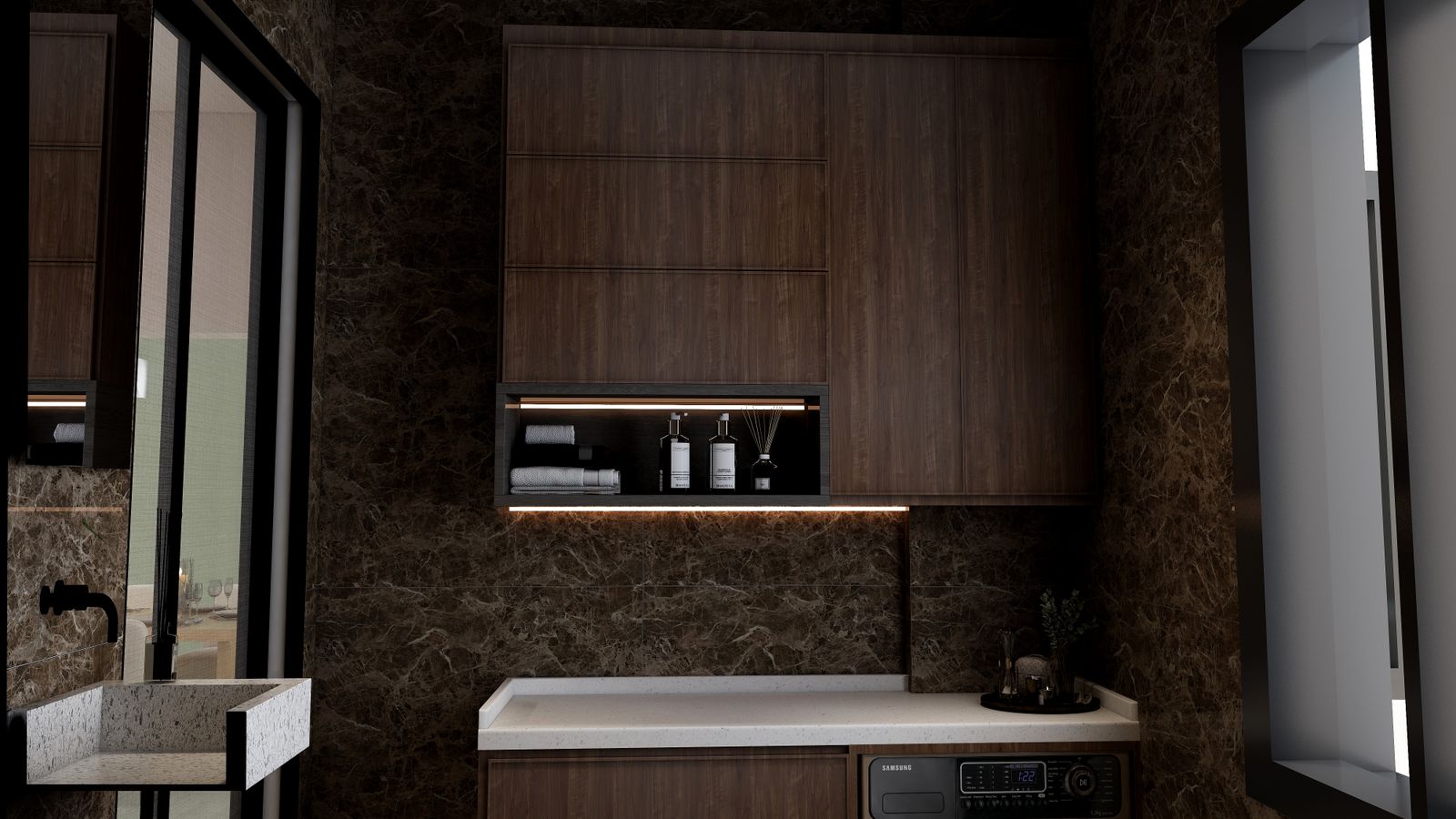 Meuble buanderie en bois habillant un lave-linge et un sèche-linge